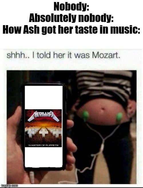 Meme I Made About Ash | Nobody:
Absolutely nobody:
How Ash got her taste in music: | image tagged in i told her it was mozart | made w/ Imgflip meme maker