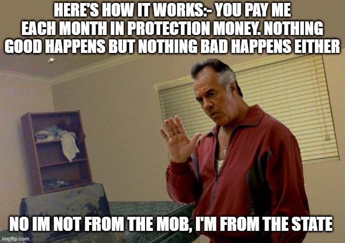 Ay, Ton | HERE'S HOW IT WORKS:- YOU PAY ME EACH MONTH IN PROTECTION MONEY. NOTHING GOOD HAPPENS BUT NOTHING BAD HAPPENS EITHER; NO IM NOT FROM THE MOB, I'M FROM THE STATE | image tagged in ay ton | made w/ Imgflip meme maker