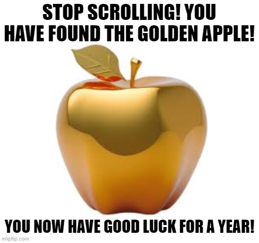 THE GOLDEN APPLE! | STOP SCROLLING! YOU HAVE FOUND THE GOLDEN APPLE! YOU NOW HAVE GOOD LUCK FOR A YEAR! | image tagged in gold,apple | made w/ Imgflip meme maker