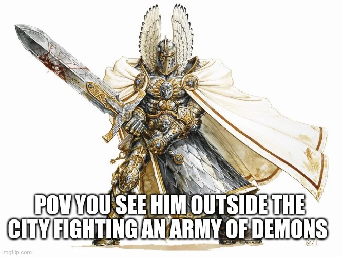 No joke, Erp, or invading other threads (Romance Is okay I guess) | POV YOU SEE HIM OUTSIDE THE CITY FIGHTING AN ARMY OF DEMONS | image tagged in paladin bossfights | made w/ Imgflip meme maker