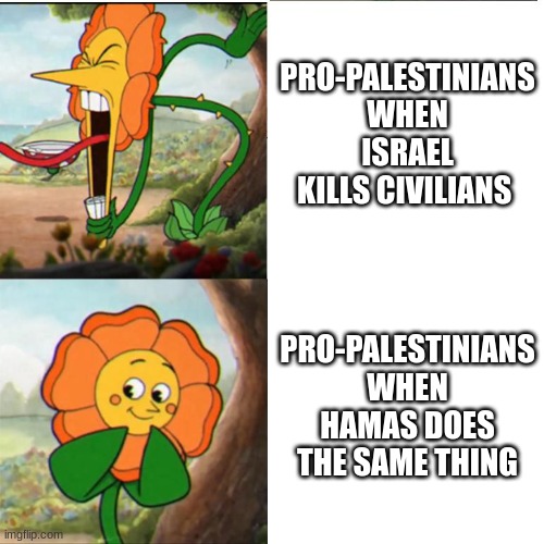 What is their logic? (answer- they don't have any) | PRO-PALESTINIANS WHEN ISRAEL KILLS CIVILIANS; PRO-PALESTINIANS WHEN HAMAS DOES THE SAME THING | image tagged in cuphead flower,israel,hamas | made w/ Imgflip meme maker