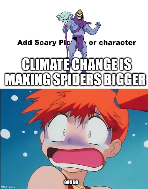 misty is scared of what | CLIMATE CHANGE IS MAKING SPIDERS BIGGER; GOD NO | image tagged in misty is scared of what | made w/ Imgflip meme maker