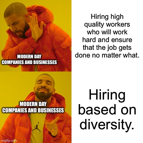 Drake Hotline Bling Meme | Hiring high quality workers who will work hard and ensure that the job gets done no matter what. MODERN DAY COMPANIES AND BUSINESSES; Hiring based on diversity. MODERN DAY COMPANIES AND BUSINESSES | image tagged in memes,drake hotline bling | made w/ Imgflip meme maker