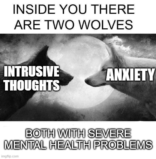 Inside you there are two wolves | ANXIETY; INTRUSIVE THOUGHTS; BOTH WITH SEVERE MENTAL HEALTH PROBLEMS | image tagged in inside you there are two wolves | made w/ Imgflip meme maker