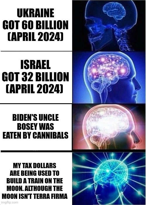 Current Affairs | UKRAINE GOT 60 BILLION (APRIL 2024); ISRAEL GOT 32 BILLION (APRIL 2024); BIDEN'S UNCLE BOSEY WAS EATEN BY CANNIBALS; MY TAX DOLLARS ARE BEING USED TO BUILD A TRAIN ON THE MOON. ALTHOUGH THE MOON ISN'T TERRA FIRMA | image tagged in memes,expanding brain | made w/ Imgflip meme maker