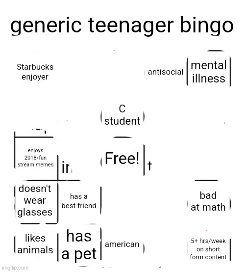 generic teenager bingo | image tagged in generic teenager bingo | made w/ Imgflip meme maker