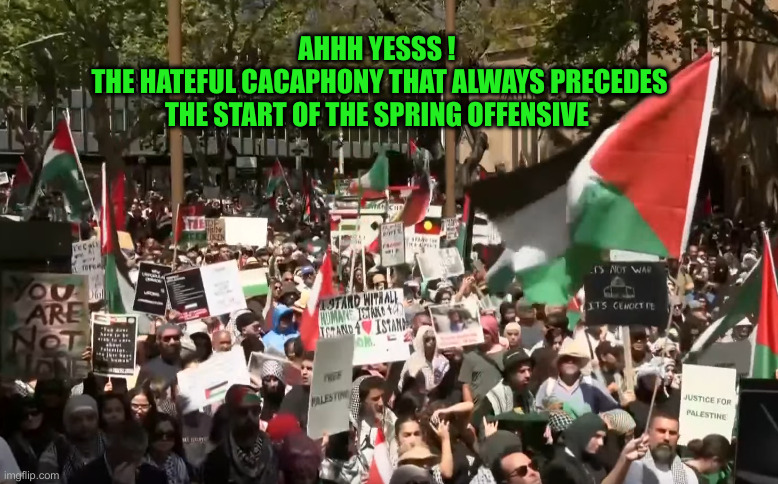 Down Under, Down East, Upstate, Whatever | AHHH YESSS ! 
THE HATEFUL CACAPHONY THAT ALWAYS PRECEDES THE START OF THE SPRING OFFENSIVE | image tagged in pro-palestine rally in sydney,political meme,politics,funny memes,funny | made w/ Imgflip meme maker