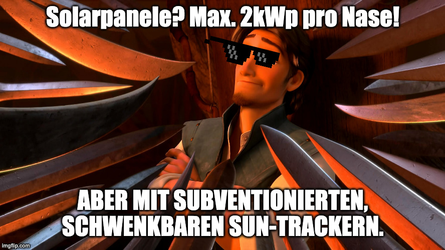 Unpopular Opinion Flynn | Solarpanele? Max. 2kWp pro Nase! ABER MIT SUBVENTIONIERTEN, SCHWENKBAREN SUN-TRACKERN. | image tagged in unpopular opinion flynn | made w/ Imgflip meme maker