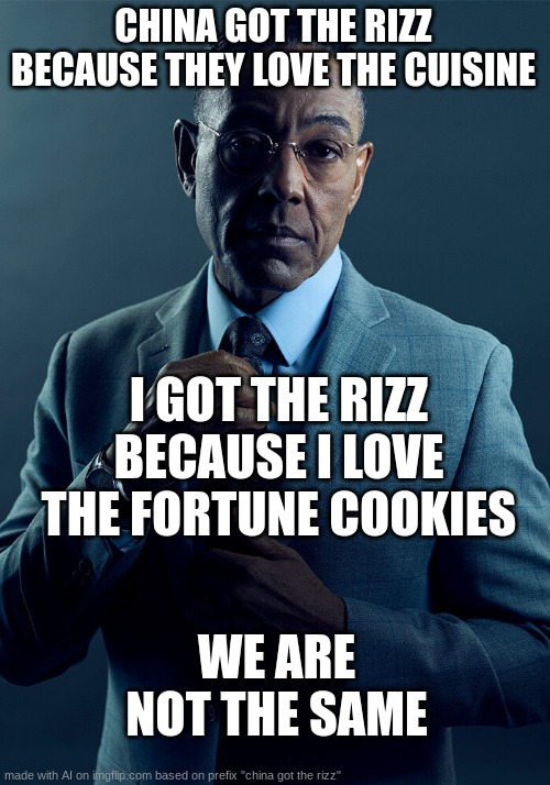 meme | CHINA GOT THE RIZZ BECAUSE THEY LOVE THE CUISINE; I GOT THE RIZZ BECAUSE I LOVE THE FORTUNE COOKIES; WE ARE NOT THE SAME | image tagged in gus fring we are not the same | made w/ Imgflip meme maker