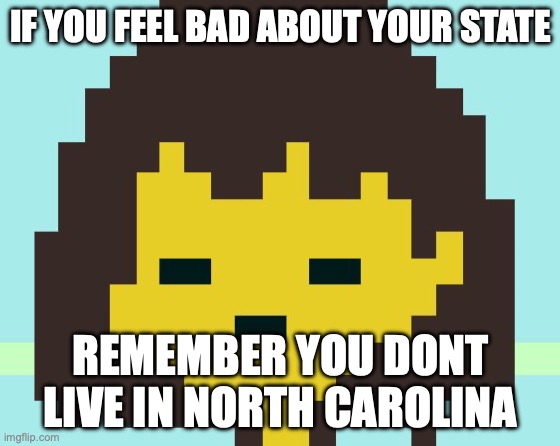 I was unfortunate enough to spawn there | IF YOU FEEL BAD ABOUT YOUR STATE; REMEMBER YOU DONT LIVE IN NORTH CAROLINA | image tagged in frisk's face | made w/ Imgflip meme maker