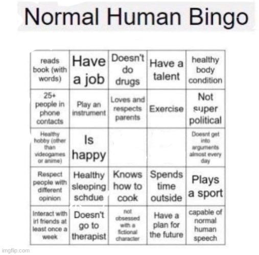 Normal human bingo | image tagged in normal human bingo | made w/ Imgflip meme maker