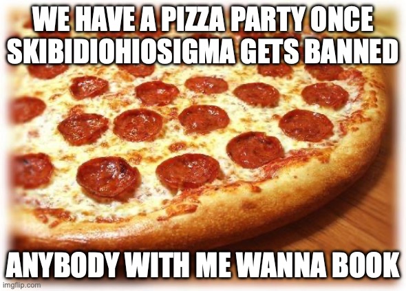 Coming out pizza  | WE HAVE A PIZZA PARTY ONCE SKIBIDIOHIOSIGMA GETS BANNED; ANYBODY WITH ME WANNA BOOK | image tagged in coming out pizza | made w/ Imgflip meme maker