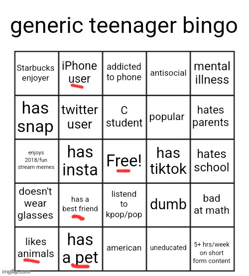 START A CHAIN | image tagged in generic teenager bingo | made w/ Imgflip meme maker