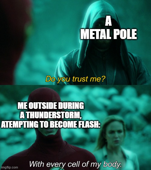 Do you trust me? | A METAL POLE; ME OUTSIDE DURING A THUNDERSTORM, ATEMPTING TO BECOME FLASH: | image tagged in do you trust me,memes,dark humor | made w/ Imgflip meme maker