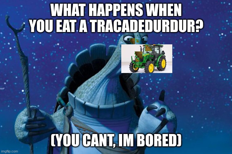 Master Oogway | WHAT HAPPENS WHEN YOU EAT A TRACADEDURDUR? (YOU CANT, IM BORED) | image tagged in master oogway | made w/ Imgflip meme maker