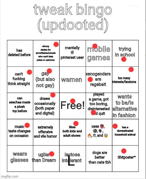 tweak bingo | L | image tagged in tweak bingo | made w/ Imgflip meme maker