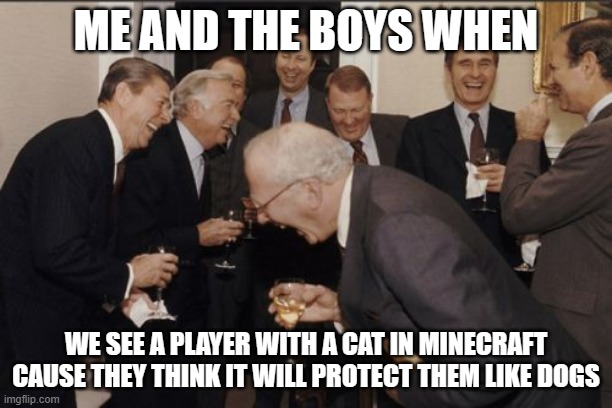 Laughing Men In Suits Meme | ME AND THE BOYS WHEN; WE SEE A PLAYER WITH A CAT IN MINECRAFT CAUSE THEY THINK IT WILL PROTECT THEM LIKE DOGS | image tagged in memes,laughing men in suits | made w/ Imgflip meme maker