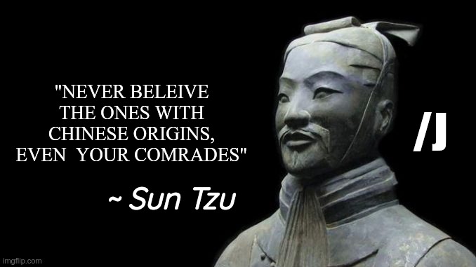 Sun Tzu | "NEVER BELEIVE THE ONES WITH CHINESE ORIGINS, EVEN  YOUR COMRADES" ~ Sun Tzu /J | image tagged in sun tzu | made w/ Imgflip meme maker