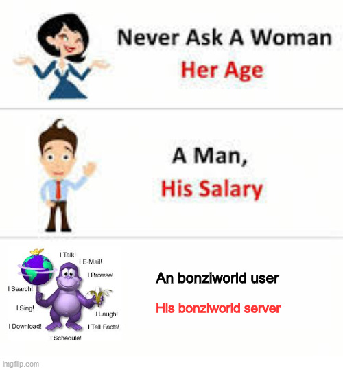 bonziworld server | An bonziworld user; His bonziworld server | image tagged in never ask a woman her age | made w/ Imgflip meme maker