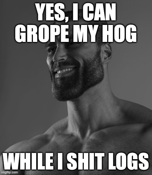 big boy moves | YES, I CAN GROPE MY HOG; WHILE I SHIT LOGS | image tagged in giga chad | made w/ Imgflip meme maker