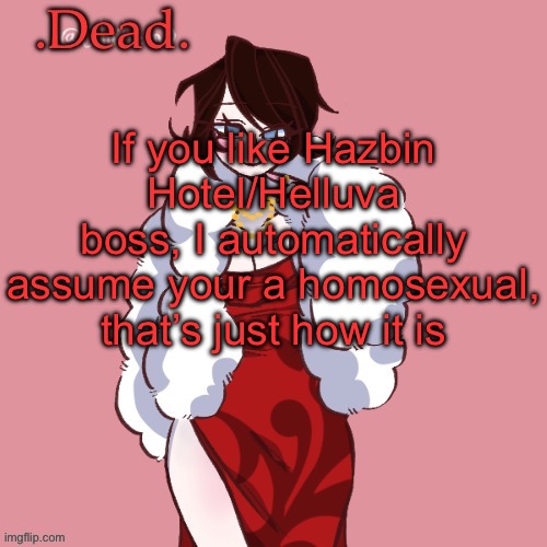 . | If you like Hazbin Hotel/Helluva boss, I automatically assume your a homosexual, that’s just how it is | image tagged in dead | made w/ Imgflip meme maker