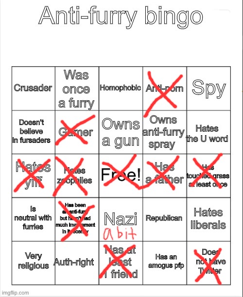 My anti-furry bingo | image tagged in anti-furry bingo | made w/ Imgflip meme maker