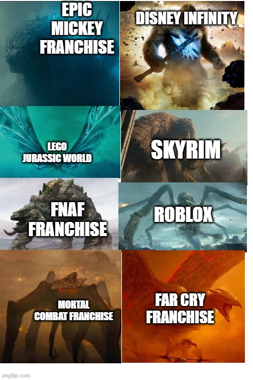 EPIC MICKEY FRANCHISE; DISNEY INFINITY; LEGO JURASSIC WORLD; SKYRIM; ROBLOX; FNAF FRANCHISE; FAR CRY FRANCHISE; MORTAL COMBAT FRANCHISE | made w/ Imgflip meme maker