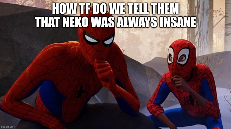 Spider-verse Meme | HOW TF DO WE TELL THEM THAT NEKO WAS ALWAYS INSANE | image tagged in spider-verse meme | made w/ Imgflip meme maker