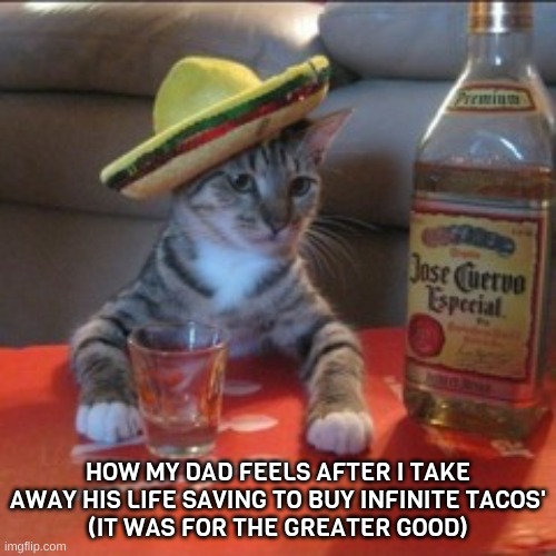 tecquila is quite good | HOW MY DAD FEELS AFTER I TAKE AWAY HIS LIFE SAVING TO BUY INFINITE TACOS'
(IT WAS FOR THE GREATER GOOD) | image tagged in why are you gay,mexico,mexican,relatable | made w/ Imgflip meme maker
