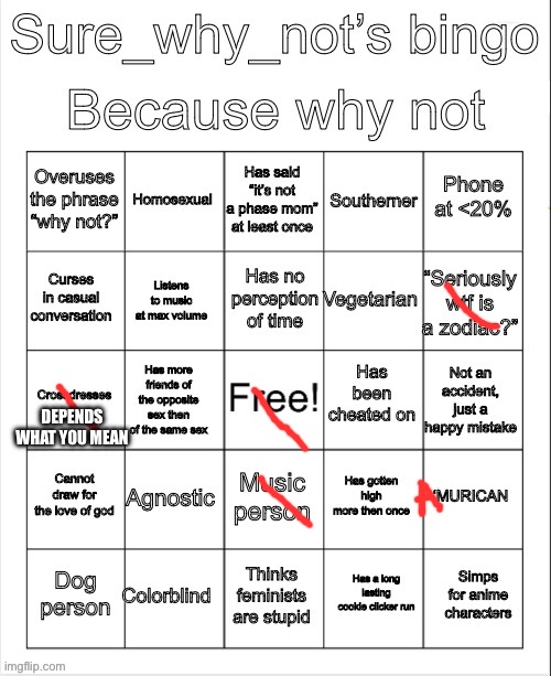 SWN bingo | DEPENDS WHAT YOU MEAN | image tagged in swn bingo | made w/ Imgflip meme maker
