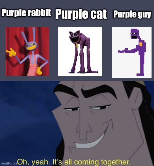 What if it's the same person in different lives, different worlds? | Purple guy; Purple cat; Purple rabbit | image tagged in it's all coming together | made w/ Imgflip meme maker