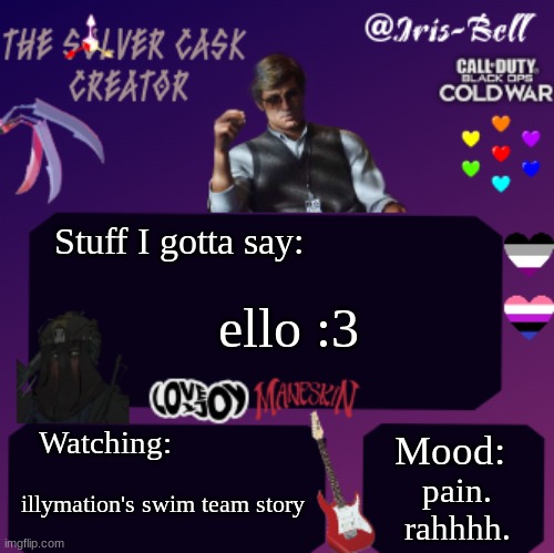 ee | Stuff I gotta say:; ello :3; Watching:; Mood:; pain. rahhhh. illymation's swim team story | image tagged in iris temp | made w/ Imgflip meme maker