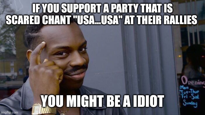 Supporting everyone but U.S.  citizens | IF YOU SUPPORT A PARTY THAT IS SCARED CHANT "USA...USA" AT THEIR RALLIES; YOU MIGHT BE A IDIOT | image tagged in memes,roll safe think about it | made w/ Imgflip meme maker