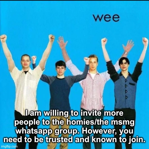 If you are trusted and can join WhatsApp, memechat me. | I am willing to invite more people to the homies/the msmg whatsapp group. However, you need to be trusted and known to join. | image tagged in wee | made w/ Imgflip meme maker