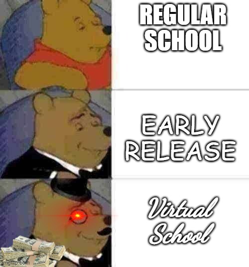 fancy winnie the pooh | REGULAR SCHOOL; EARLY RELEASE; Virtual School | image tagged in fancy winnie the pooh | made w/ Imgflip meme maker