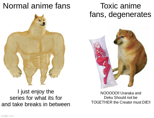 Types of anime watchers | Normal anime fans; Toxic anime fans, degenerates; I just enjoy the series for what its for and take breaks in between; NOOOOO!! Uraraka and Deku Should not be TOGETHER the Creator must DIE!! | image tagged in memes,buff doge vs cheems,anime,fandom,normal,toxic | made w/ Imgflip meme maker