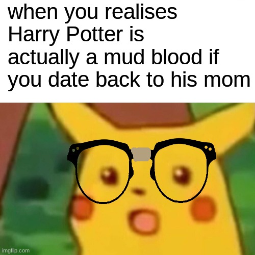 when you realise | when you realises Harry Potter is actually a mud blood if you date back to his mom | image tagged in memes,surprised pikachu | made w/ Imgflip meme maker