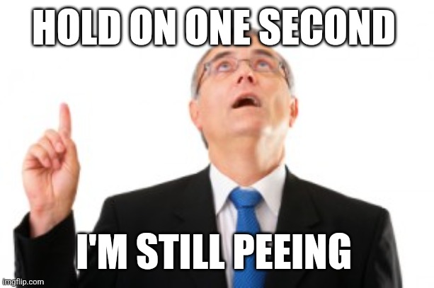 Man Pointing Up | HOLD ON ONE SECOND; I'M STILL PEEING | image tagged in man pointing up | made w/ Imgflip meme maker