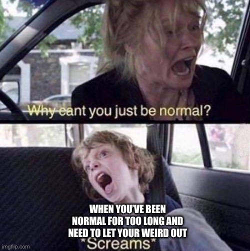 To some this is relatable | WHEN YOU’VE BEEN NORMAL FOR TOO LONG AND NEED TO LET YOUR WEIRD OUT | image tagged in why can't you just be normal | made w/ Imgflip meme maker