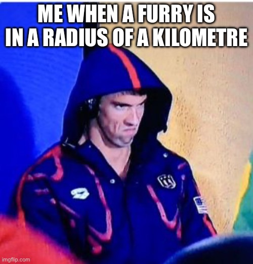 Michael Phelps Death Stare | ME WHEN A FURRY IS IN A RADIUS OF A KILOMETRE | image tagged in memes,michael phelps death stare | made w/ Imgflip meme maker