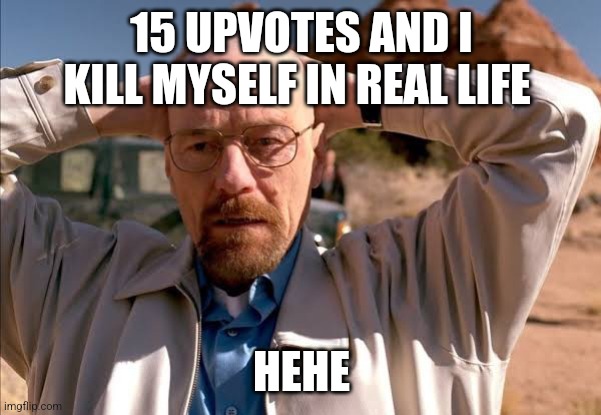 flabbergasted walt | 15 UPVOTES AND I KILL MYSELF IN REAL LIFE; HEHE | image tagged in flabbergasted walt | made w/ Imgflip meme maker