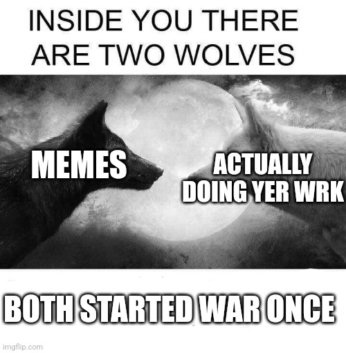 Inside you there are two wolves | MEMES; ACTUALLY DOING YER WRK; BOTH STARTED WAR ONCE | image tagged in inside you there are two wolves | made w/ Imgflip meme maker