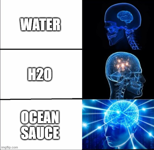blue liquid | WATER; H2O; OCEAN SAUCE | image tagged in galaxy brain 3 brains | made w/ Imgflip meme maker