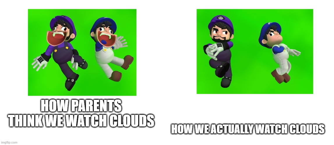 FAX BRO | HOW PARENTS THINK WE WATCH CLOUDS; HOW WE ACTUALLY WATCH CLOUDS | image tagged in smg4 and smg3 watching clouds | made w/ Imgflip meme maker