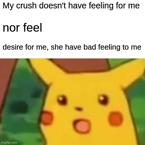 to | My crush doesn't have feeling for me; nor feel; desire for me, she have bad feeling to me | image tagged in memes,surprised pikachu | made w/ Imgflip meme maker