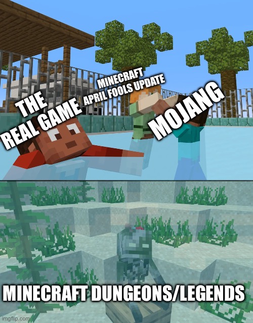 minecraft drowning | MINECRAFT APRIL FOOLS UPDATE; THE REAL GAME; MOJANG; MINECRAFT DUNGEONS/LEGENDS | image tagged in minecraft drowning | made w/ Imgflip meme maker