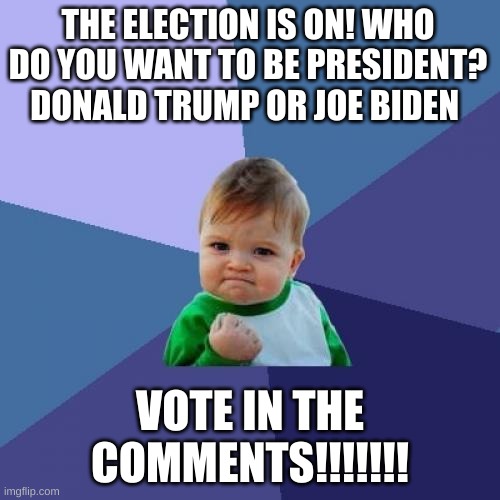 Lets see who president!!!!!!!! | THE ELECTION IS ON! WHO DO YOU WANT TO BE PRESIDENT? DONALD TRUMP OR JOE BIDEN; VOTE IN THE COMMENTS!!!!!!! | image tagged in memes,success kid | made w/ Imgflip meme maker