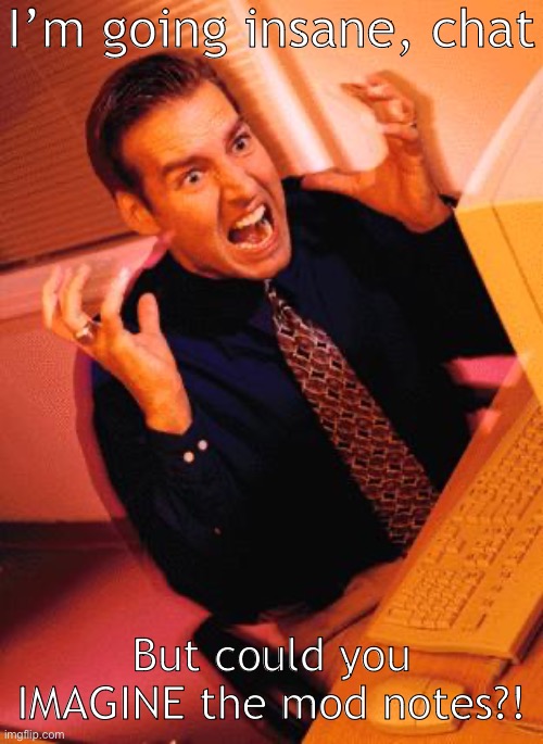 Hehehehe | I’m going insane, chat; But could you IMAGINE the mod notes?! | image tagged in computer guy freaking out | made w/ Imgflip meme maker