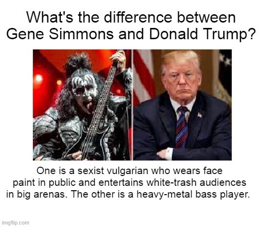 Gene Simmons Donald Trump | What's the difference between Gene Simmons and Donald Trump? One is a sexist vulgarian who wears face paint in public and entertains white-trash audiences in big arenas. The other is a heavy-metal bass player. | image tagged in gene simmons,kiss,donald trump,i hate donald trump,trump sucks | made w/ Imgflip meme maker
