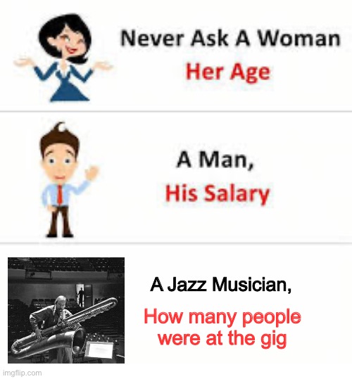 Never ask a Jazz musician… | A Jazz Musician, How many people were at the gig | image tagged in never ask a woman her age | made w/ Imgflip meme maker
